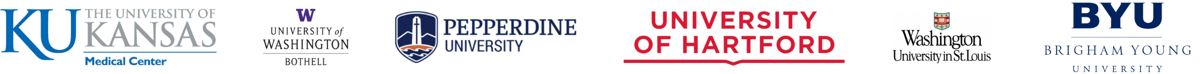 Collage of university logos in a row, including KU Medical Center, Pepperdine University, University of Hartford, and BYU.